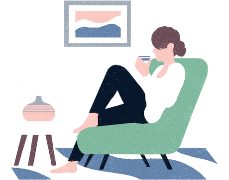 Cartoon image of a woman relaxing at home with a hot drink.