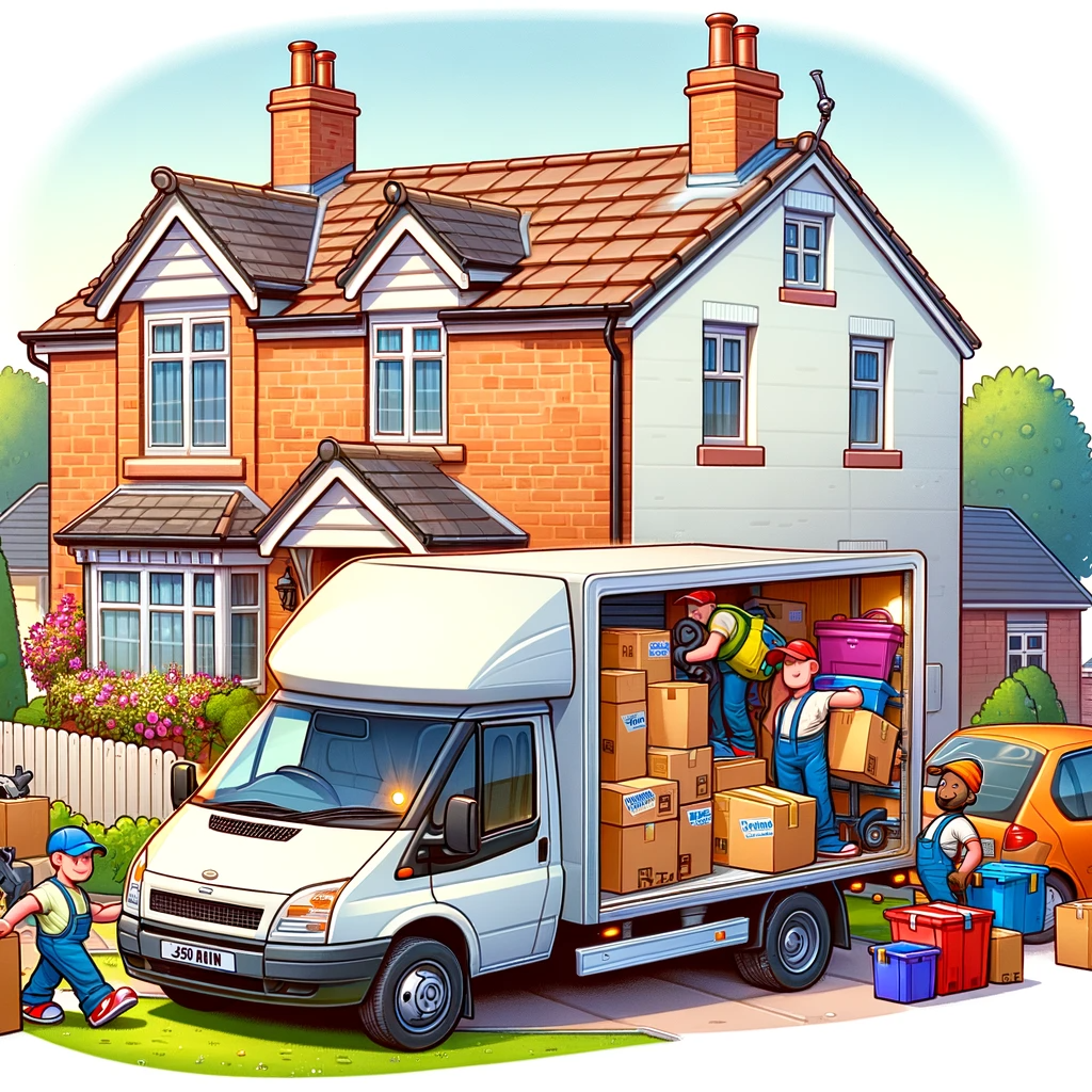 Cartoon image of a house move with a removals van - representing people moving house quickly after instructing their solicitor early on in the process.